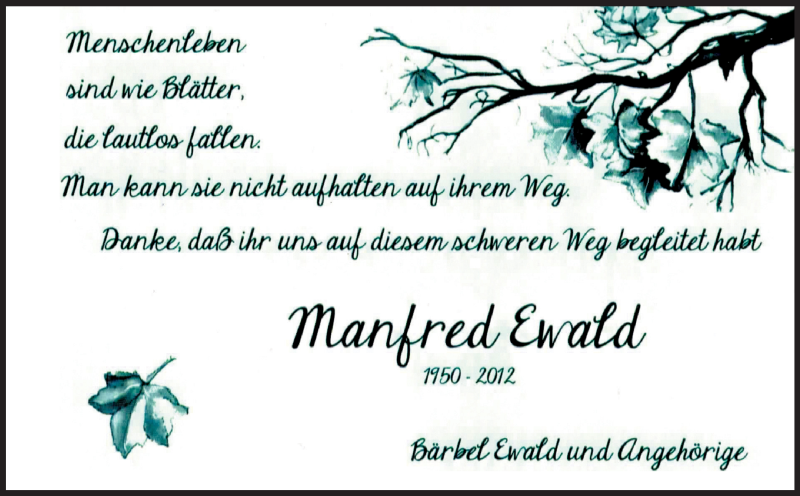  Traueranzeige für Manfred Ewald vom 15.12.2012 aus Odenwälder Echo