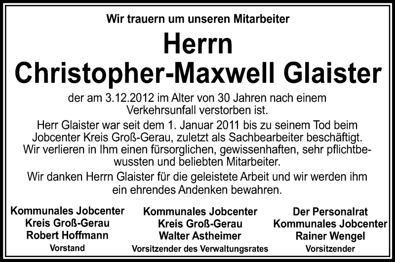  Traueranzeige für Christopher-Maxwell Glaister vom 10.12.2012 aus Rüsselsheimer Echo, Groß-Gerauer-Echo, Ried Echo