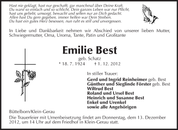 Traueranzeige von Emilie Best von Rüsselsheimer Echo, Groß-Gerauer-Echo, Ried Echo