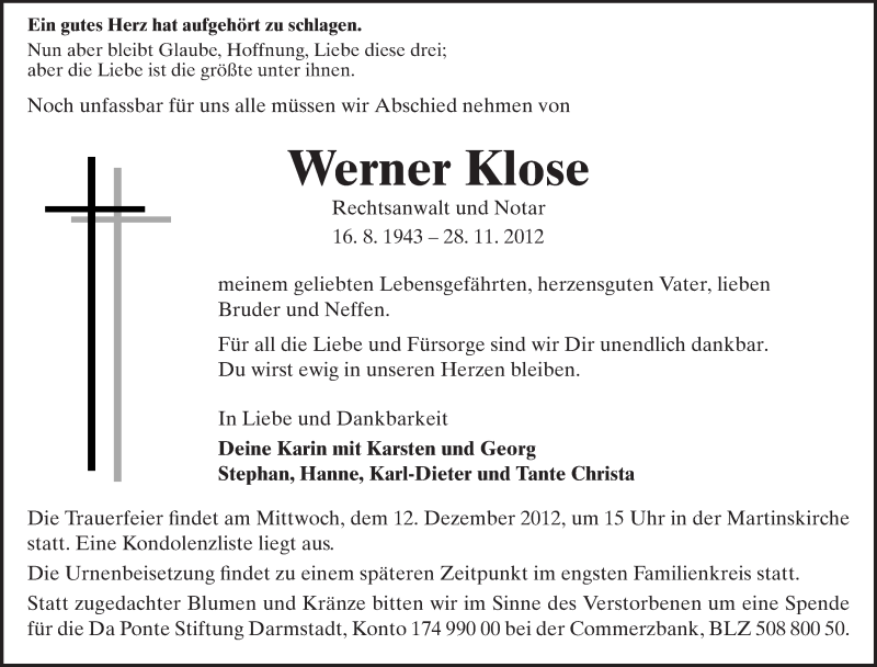  Traueranzeige für Werner Klose vom 08.12.2012 aus Echo-Zeitungen (Gesamtausgabe)