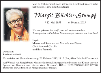 Traueranzeige von Margit Büchler-Stumpf von Echo-Zeitungen (Gesamtausgabe)