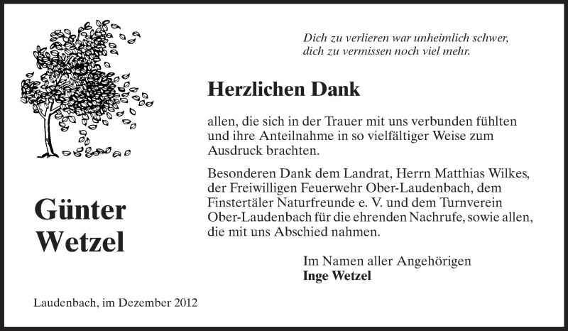  Traueranzeige für Günter Wetzel vom 08.12.2012 aus Starkenburger Echo
