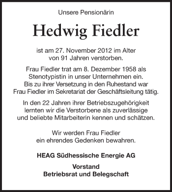 Traueranzeige von Hedwig Fiedler von Echo-Zeitungen (Gesamtausgabe)