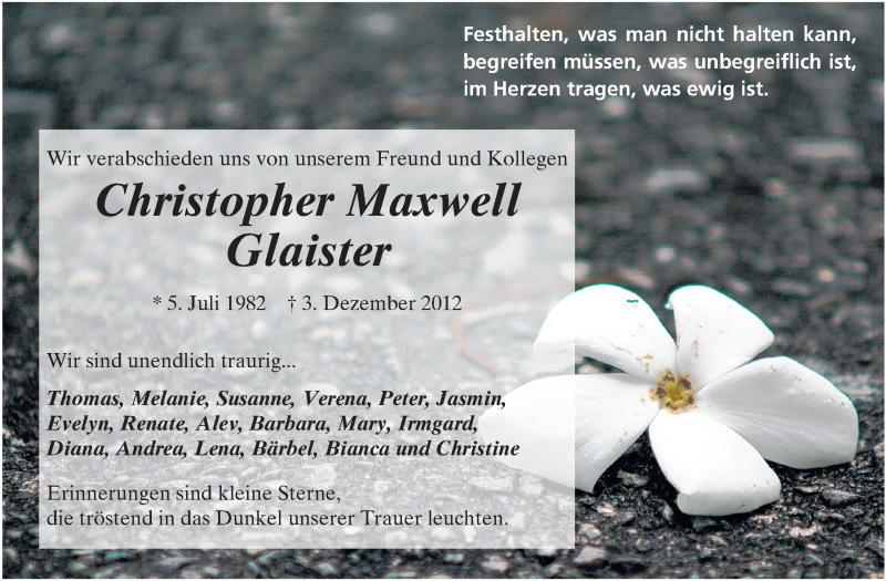  Traueranzeige für Christopher-Maxwell Glaister vom 10.12.2012 aus Rüsselsheimer Echo, Groß-Gerauer-Echo, Ried Echo