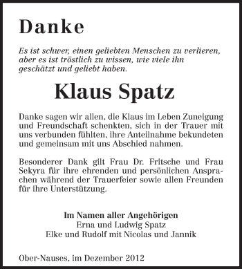 Traueranzeige von Klaus Spatz von Echo-Zeitungen (Gesamtausgabe)