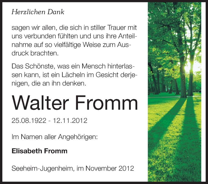  Traueranzeige für Walter Fromm vom 07.12.2012 aus Echo-Zeitungen (Gesamtausgabe)