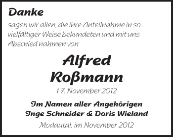 Traueranzeige von Alfred Roßmann von Echo-Zeitungen (Gesamtausgabe)