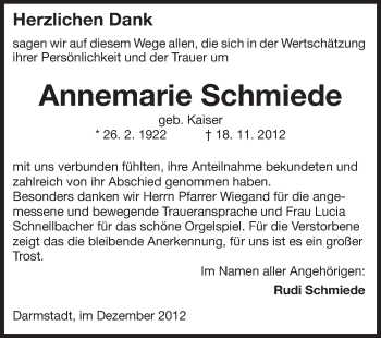 Traueranzeige von Annemarie Schmiede von Echo-Zeitungen (Gesamtausgabe)