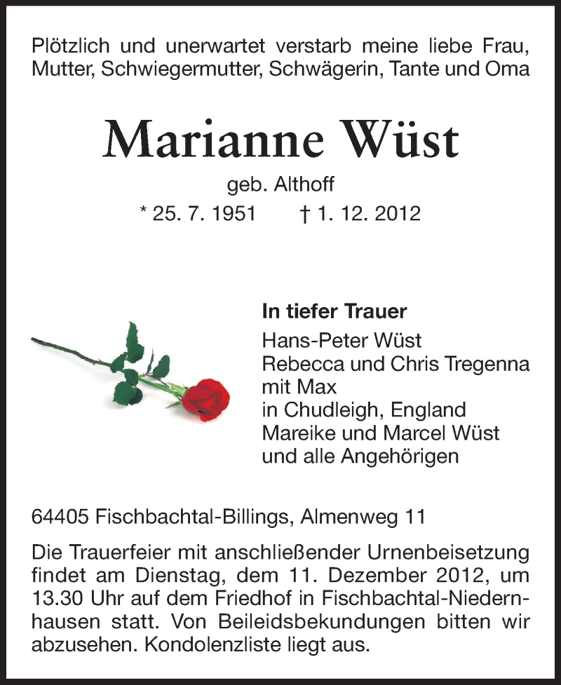  Traueranzeige für Marianne Wüst vom 08.12.2012 aus Echo-Zeitungen (Gesamtausgabe)