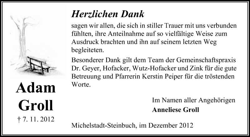  Traueranzeige für Adam Groll vom 08.12.2012 aus Odenwälder Echo