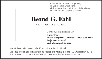 Traueranzeige von Bernd G. Fahl von Echo-Zeitungen (Gesamtausgabe)