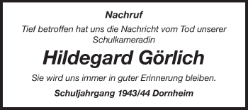 Traueranzeige von Hildegard Görlich von Rüsselsheimer Echo, Groß-Gerauer-Echo, Ried Echo