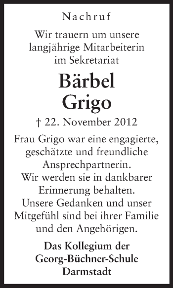 Traueranzeige von Bärbel Grigo von Echo-Zeitungen (Gesamtausgabe)
