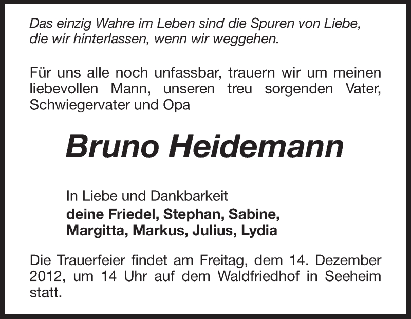 Traueranzeige für Bruno Heidemann vom 11.12.2012 aus Echo-Zeitungen (Gesamtausgabe)