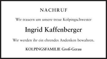 Traueranzeige von Ingrid Kaffenberger von Rüsselsheimer Echo, Groß-Gerauer-Echo, Ried Echo