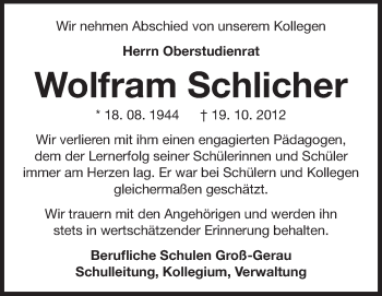 Traueranzeige von Wolfram Schlicher von Rüsselsheimer Echo, Groß-Gerauer-Echo, Ried Echo