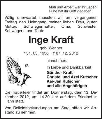 Traueranzeige von Inge Kraft von Echo-Zeitungen (Gesamtausgabe)