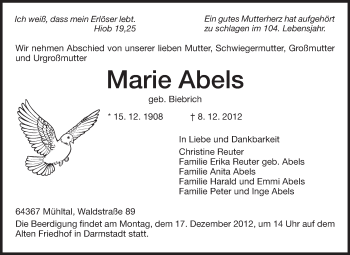 Traueranzeige von Marie Abels von Echo-Zeitungen (Gesamtausgabe)
