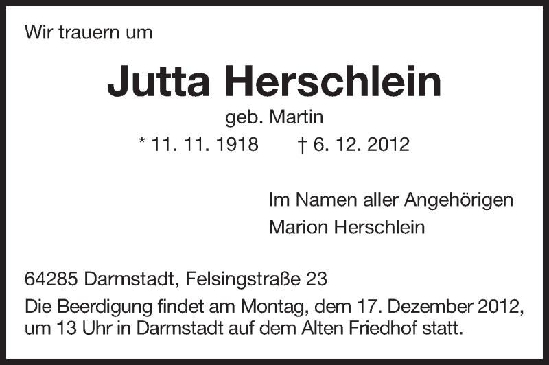  Traueranzeige für Jutta Herschlein vom 12.12.2012 aus Echo-Zeitungen (Gesamtausgabe)