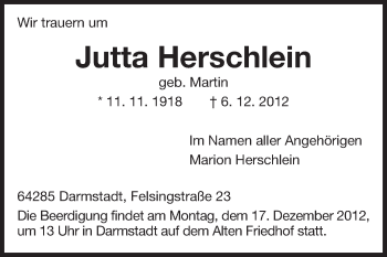 Traueranzeige von Jutta Herschlein von Echo-Zeitungen (Gesamtausgabe)