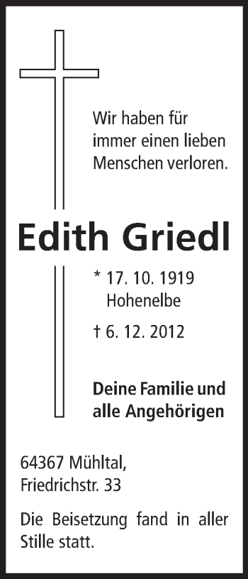 Traueranzeige von Horst Griedl von Echo-Zeitungen (Gesamtausgabe)