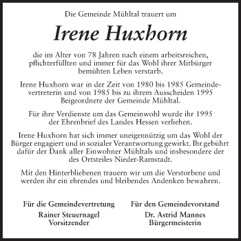 Traueranzeige von Irene Huxhorn von Echo-Zeitungen (Gesamtausgabe)
