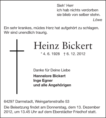 Traueranzeige von Heinz Bickert von Echo-Zeitungen (Gesamtausgabe)