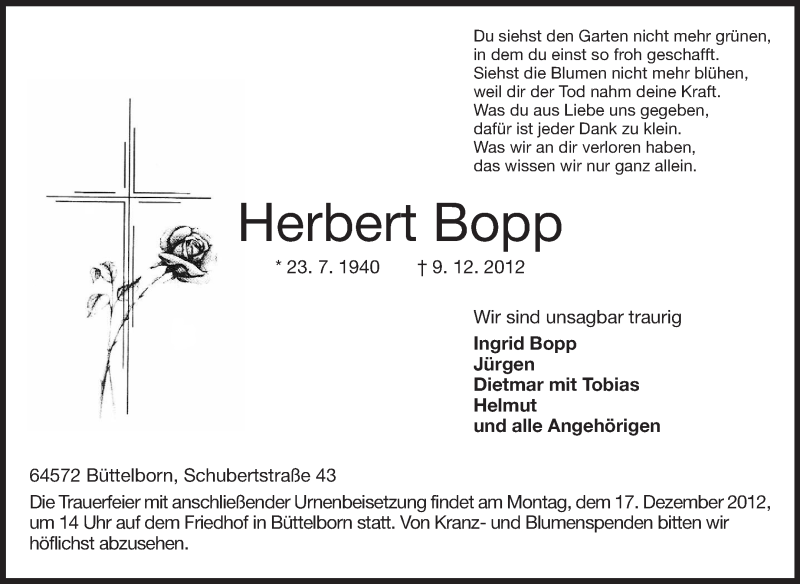  Traueranzeige für Herbert Bopp vom 14.12.2012 aus Rüsselsheimer Echo, Groß-Gerauer-Echo, Ried Echo