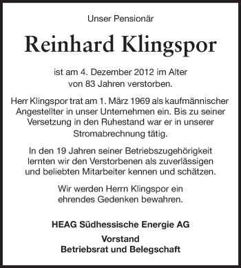Traueranzeige von Reinhard Klingspor von Echo-Zeitungen (Gesamtausgabe)