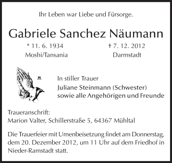 Traueranzeige von Gabriele Sanchez Näumann von Echo-Zeitungen (Gesamtausgabe)