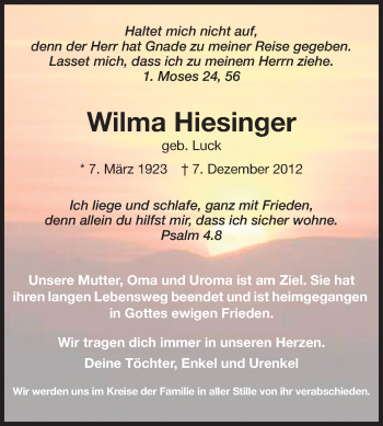 Traueranzeige von Wilma Hiesinger von Starkenburger Echo
