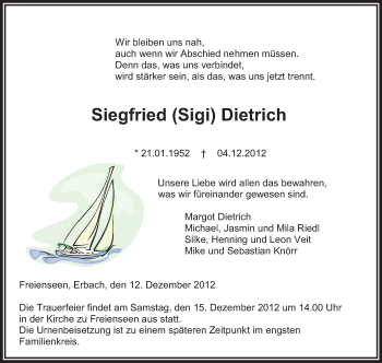 Traueranzeige von Siegfried Dietrich von Odenwälder Echo