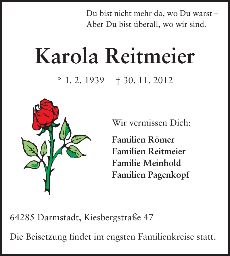  Traueranzeige für Karola Reitmeier vom 12.12.2012 aus Darmstädter Echo, Odenwälder Echo, Rüsselsheimer Echo, Groß-Gerauer-Echo, Ried Echo