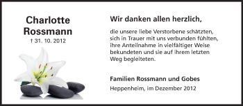 Traueranzeige von Charlotte Rossmann von Starkenburger Echo