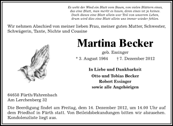 Traueranzeige von Martina Becker von Echo-Zeitungen (Gesamtausgabe)