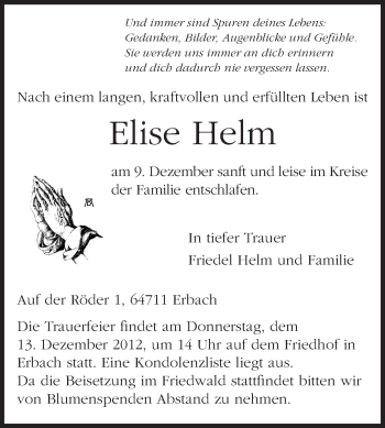 Traueranzeige von Elise Helm von Odenwälder Echo