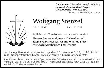 Traueranzeige von Wolfgang Stenzel von Rüsselsheimer Echo, Groß-Gerauer-Echo, Ried Echo