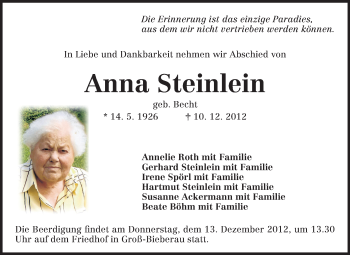 Traueranzeige von Anna Steinlein von Echo-Zeitungen (Gesamtausgabe)