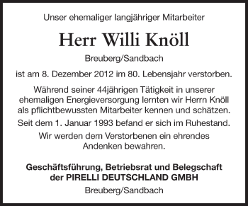 Traueranzeige von Willi Knöll von Odenwälder Echo