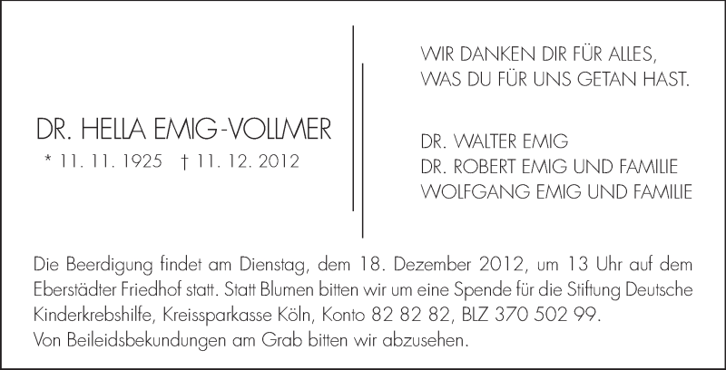 Traueranzeige für Hella Emig-Vollmer vom 15.12.2012 aus Echo-Zeitungen (Gesamtausgabe)