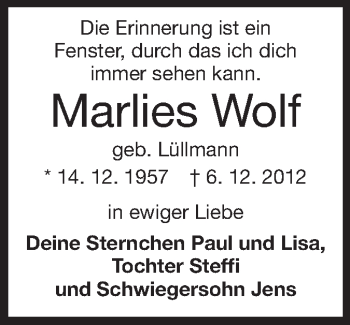 Traueranzeige von Marlies Wolf von Echo-Zeitungen (Gesamtausgabe)