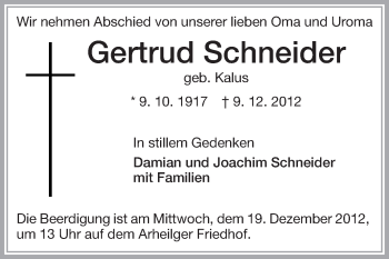 Traueranzeige von Gertrud Schneider von Echo-Zeitungen (Gesamtausgabe)