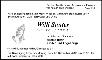 Traueranzeige von Willi Sauter von Echo-Zeitungen (Gesamtausgabe)