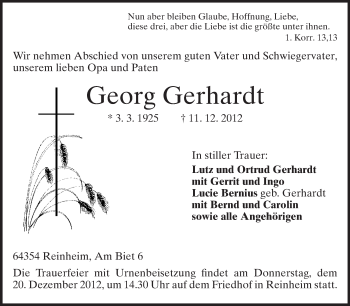 Traueranzeige von Georg Gerhardt von Echo-Zeitungen (Gesamtausgabe)