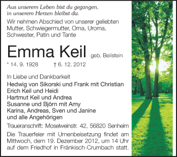 Traueranzeige von Emma Keil von Odenwälder Echo