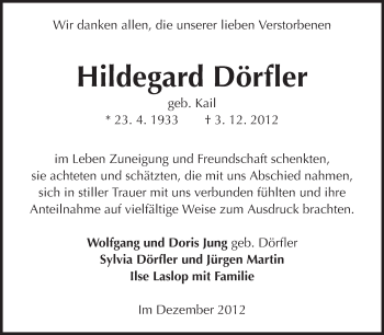 Traueranzeige von Hildegard Dörfler von Rüsselsheimer Echo, Groß-Gerauer-Echo, Ried Echo