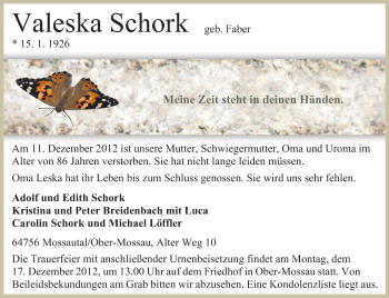 Traueranzeige von Valeska Schork von Odenwälder Echo