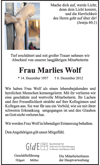 Traueranzeige von Marlies Wolf von Echo-Zeitungen (Gesamtausgabe)