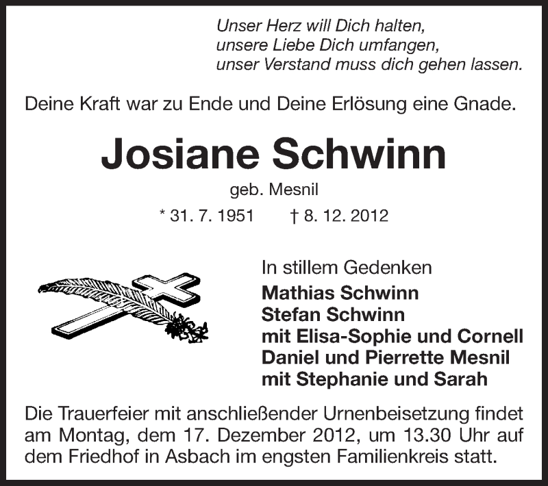  Traueranzeige für Josiane Schwinn vom 14.12.2012 aus Echo-Zeitungen (Gesamtausgabe)