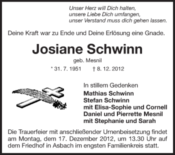 Traueranzeige von Josiane Schwinn von Echo-Zeitungen (Gesamtausgabe)